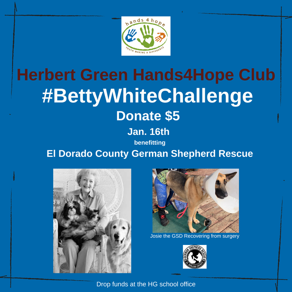 Herbert Green Hands4Hope Club #BettyWhiteChallenge Donate $5 Jan. 16th benefitting El Dorado County German Shepherd Rescue