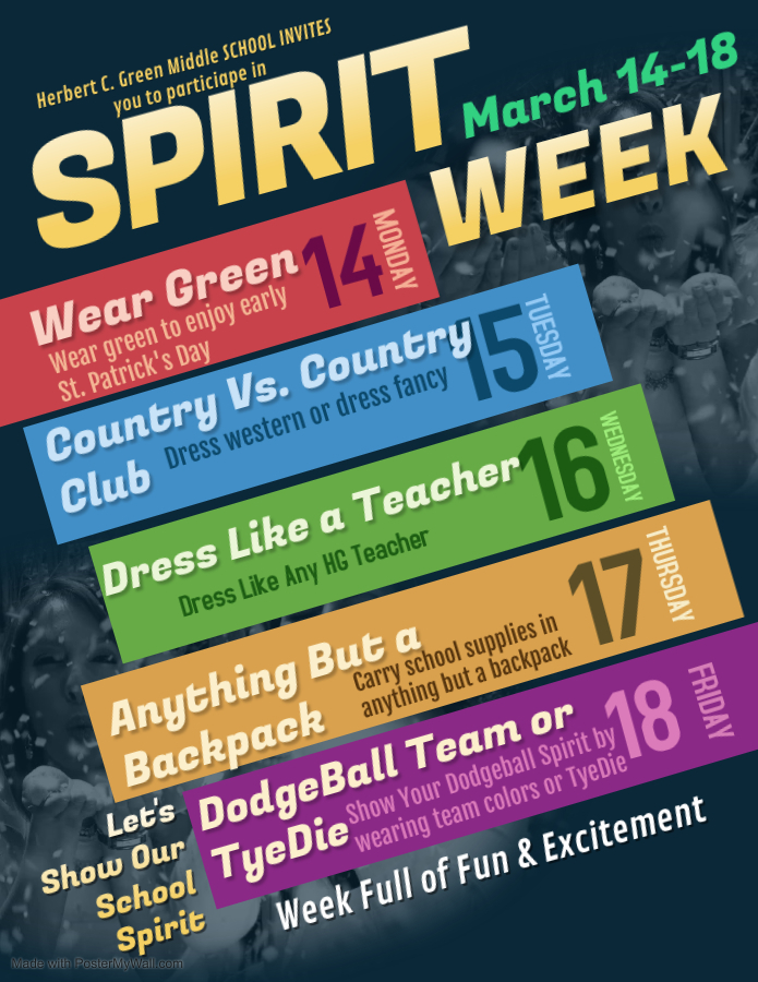 Spirit Week Flyer for March 14th - March 18th